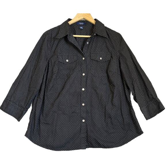 Chaps Shirt Womens 1X Black Polka Dot Cotton 3/4 Sleeve Silver Button Up Pockets - Picture 1 of 10